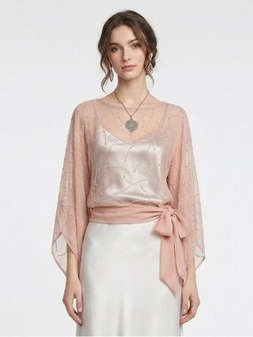 Vintage Fairycore Top Blush Pink Beaded SHEER Kimono Sleeve Boutique Europa XL